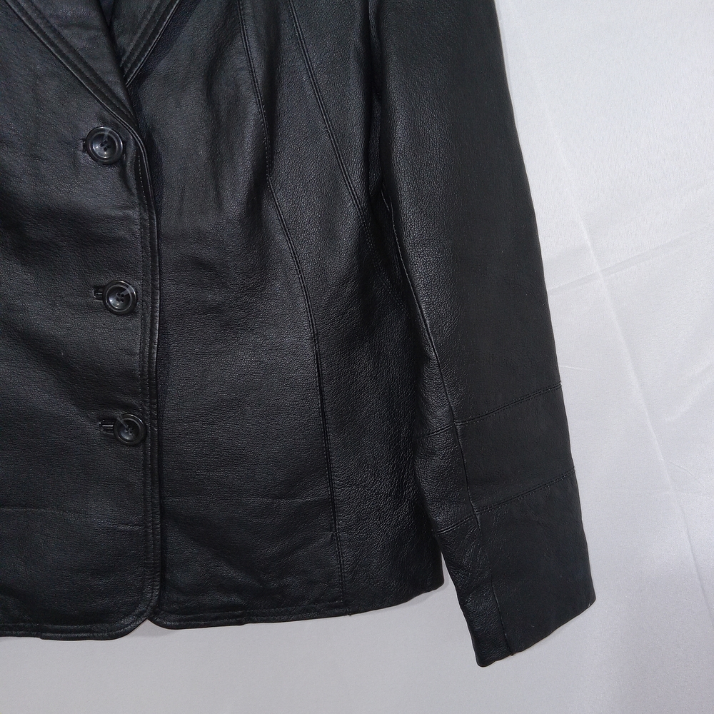 East 5th Leather Blazer Petite Small Moto Black Real Leather  Button Chic Edgy - Picture 4 of 14
